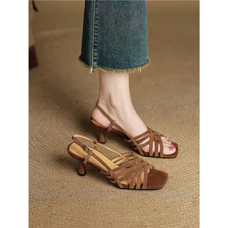 Retro soft leather thin cross straps high heel sandals with square toe and ankle buckle