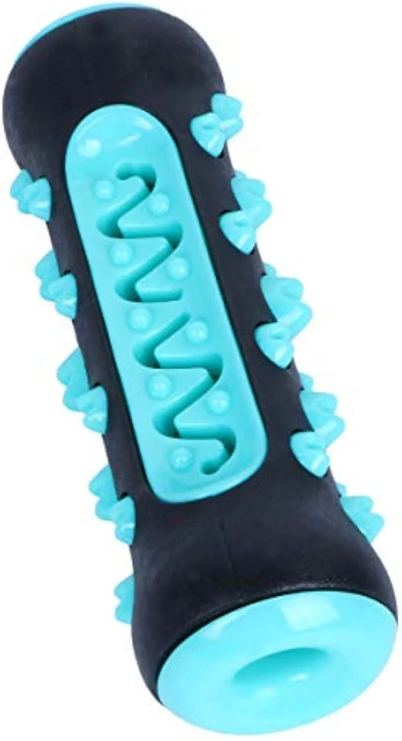 Natural rubber dog toothbrush chew toy in four colours: black/blue, blue, green, and yellow