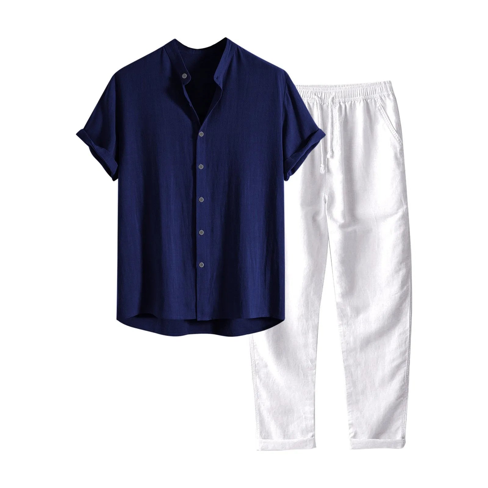 Men's casual linen-blend suit with short sleeve shirt and loose trousers in multiple colour options