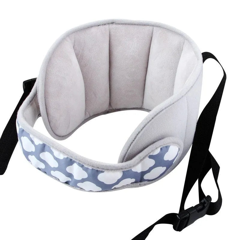 Child car seat head support in blue with hook and loop neck strap and rear waistband