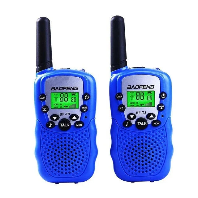 Children's walkie talkie set showing two handheld units in available colour options with 22-channel display