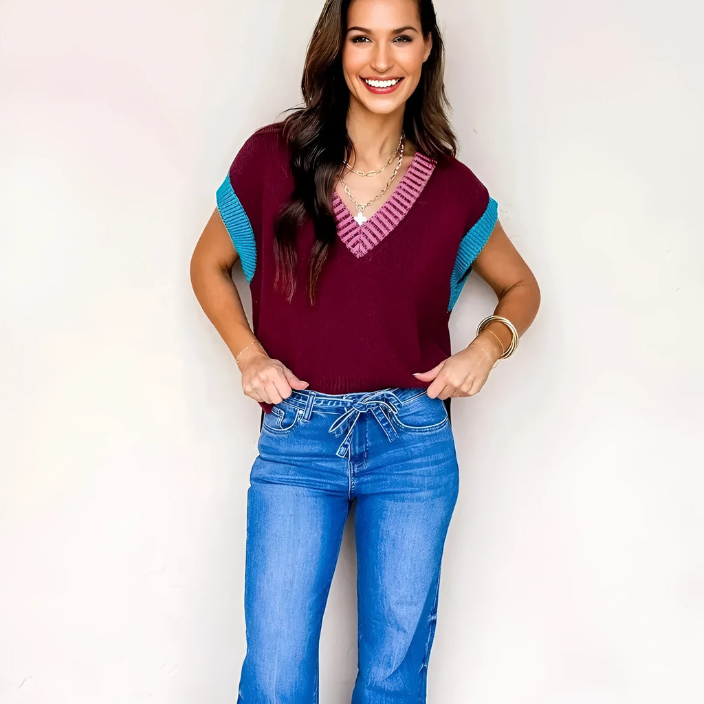 Women's burgundy V-neck sweater with contrast trim and elastic cuffed short sleeves