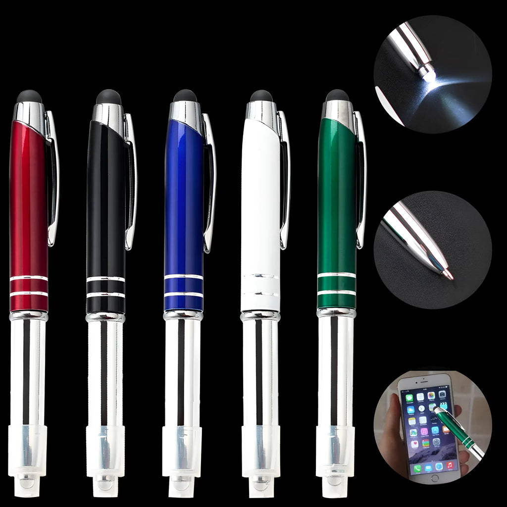 Metal multifunctional stylus pen with capacitive tip, ballpoint pen, and LED light in multiple colour options