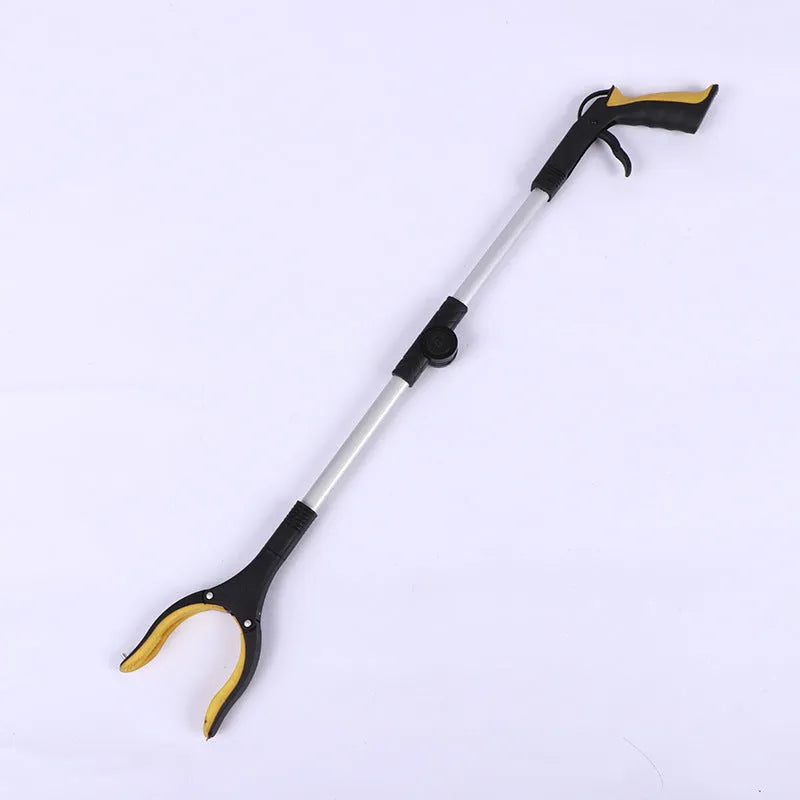 Silver folding aluminium garbage pick-up clamp with magnet and blue handle extended to 80cm.