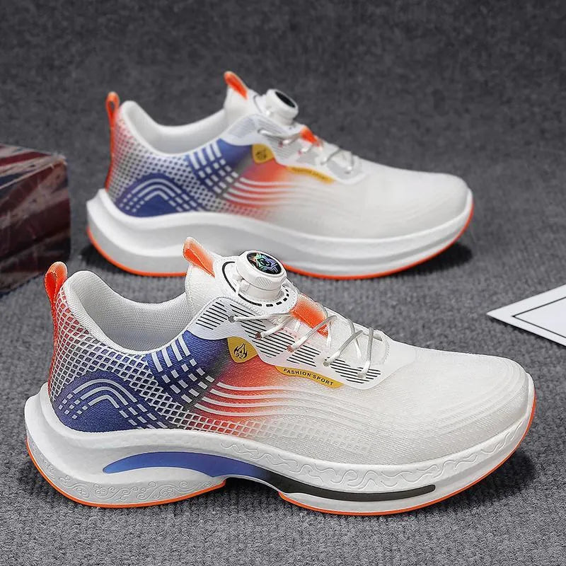 Men's low-top sneaker with mesh upper and rotating buckle, shown in white and orange colour.
