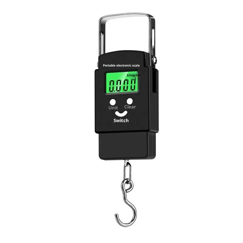 Mini handheld plastic electronic scale with blue backlight display and 50kg capacity, shown in Bohemian style