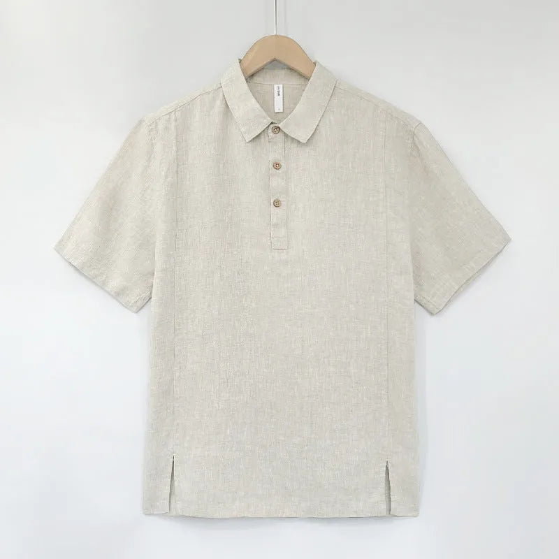 Men's light linen short sleeve top with thin lapels in a loose fit, shown in gray green.