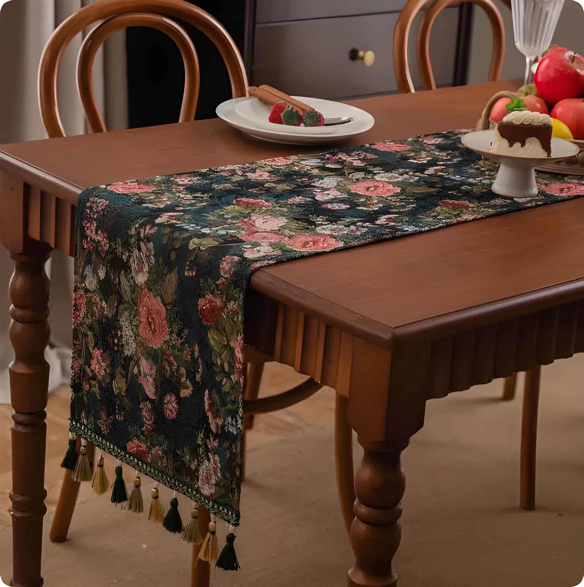 European country style table runner with handwoven tassels in cotton-polyester blend fabric