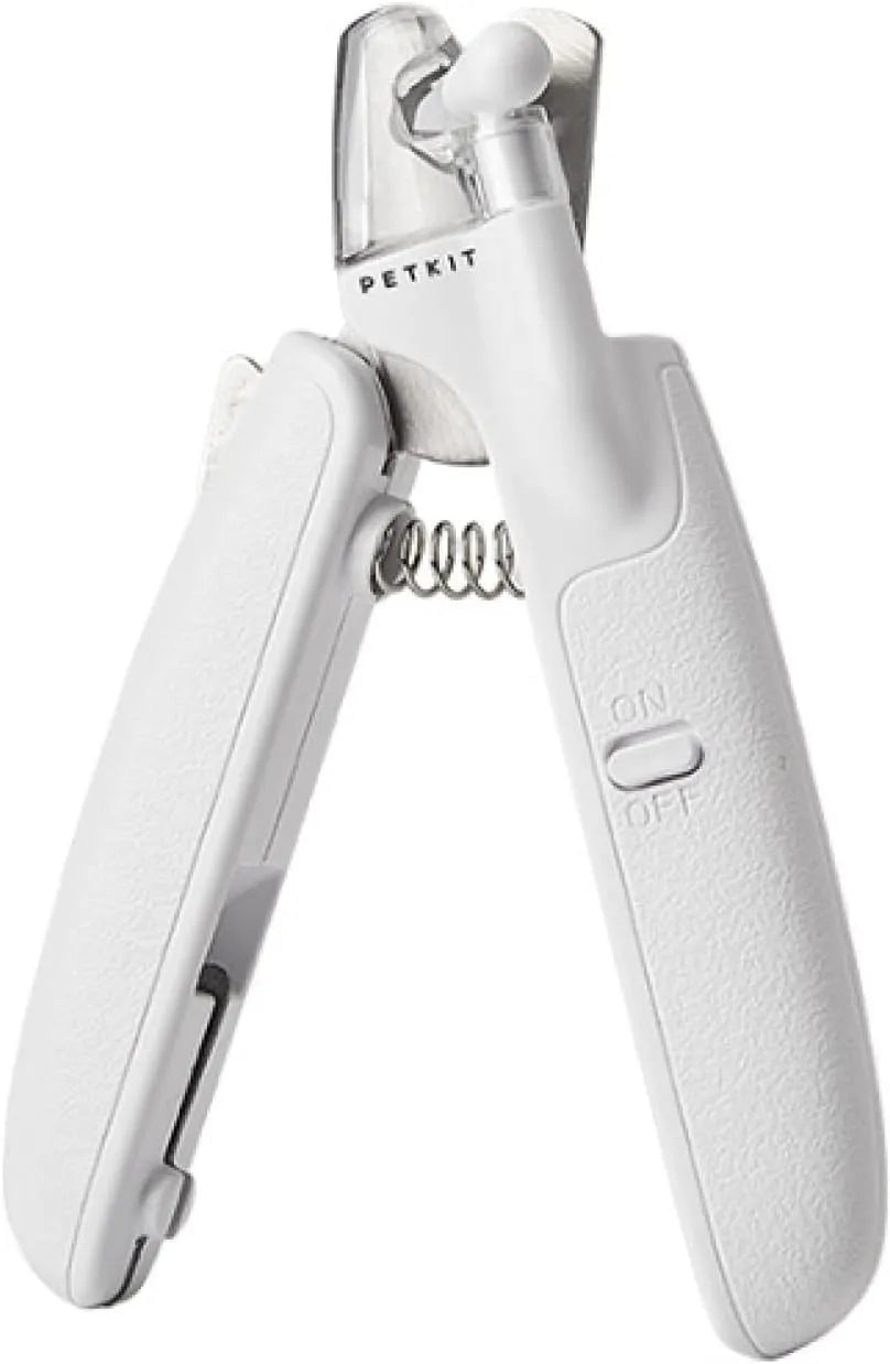 White LED pet nail clipper with a triangular blade, anti-splash guard, and leatherette handle.