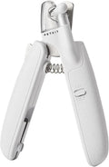 White LED pet nail clipper with a triangular blade, anti-splash guard, and leatherette handle.