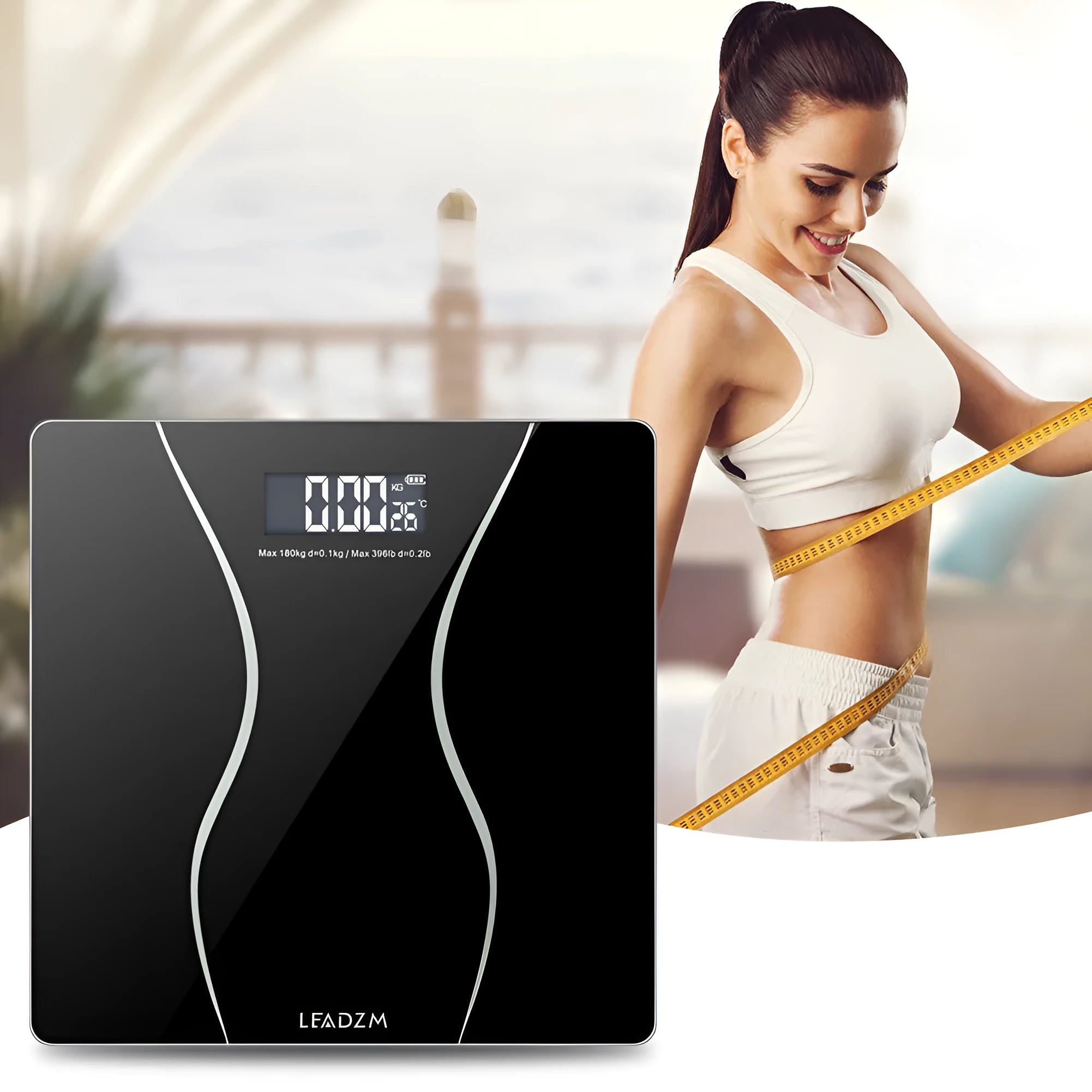 Black electronic body scale with digital display for home weight measurement