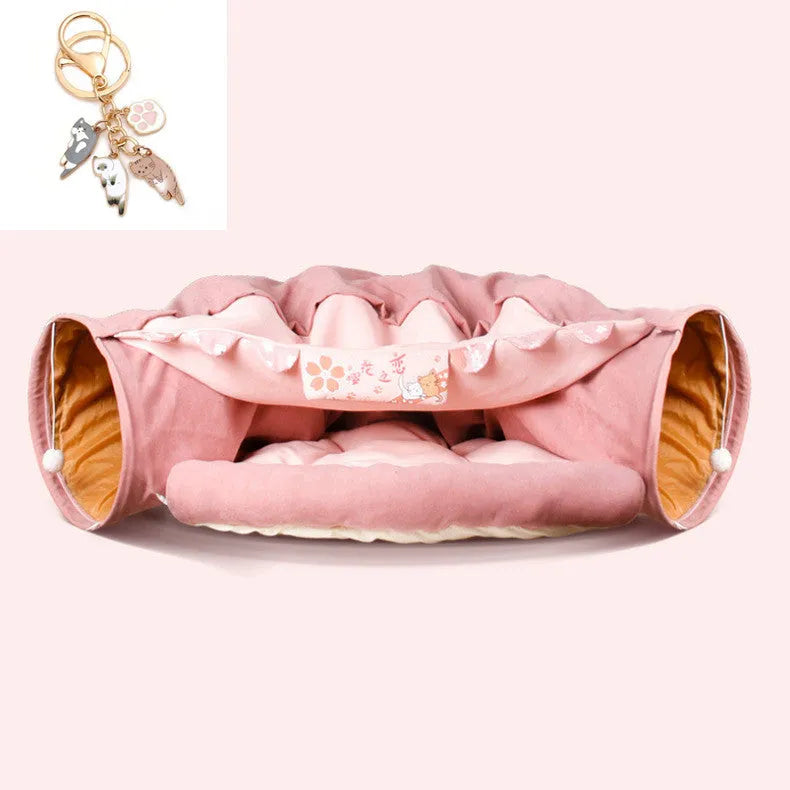 Collapsible cat tunnel toy in Bar colour design showing folded and expanded states