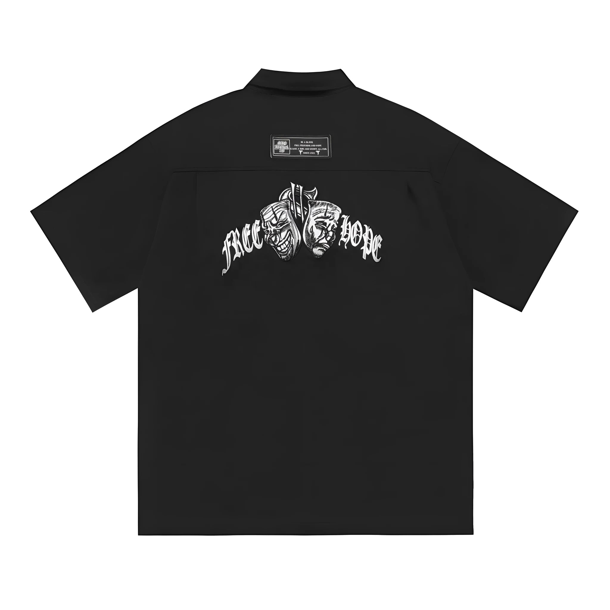 Men's black cotton blend work shirt with half sleeves and embroidered detailing, loose fit design