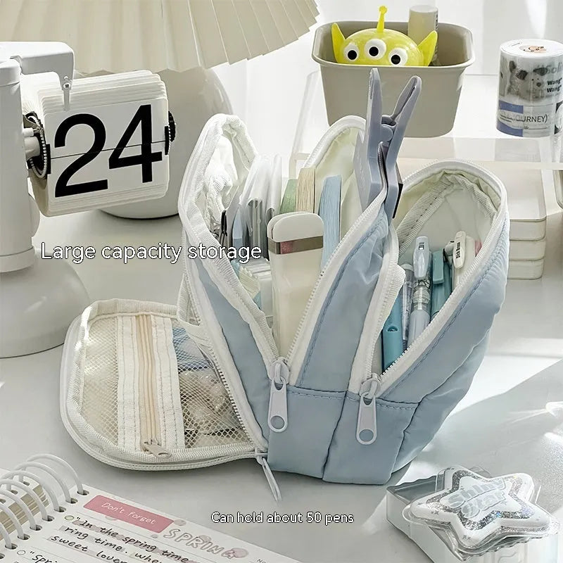 Double layer pencil case in solid colour with two compartments and gift handle for stationery organisation