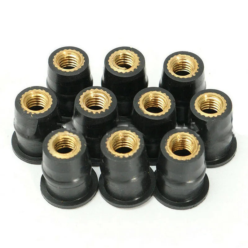 Brass motorcycle windshield nuts with black rubber expansion sleeves in three metric sizes