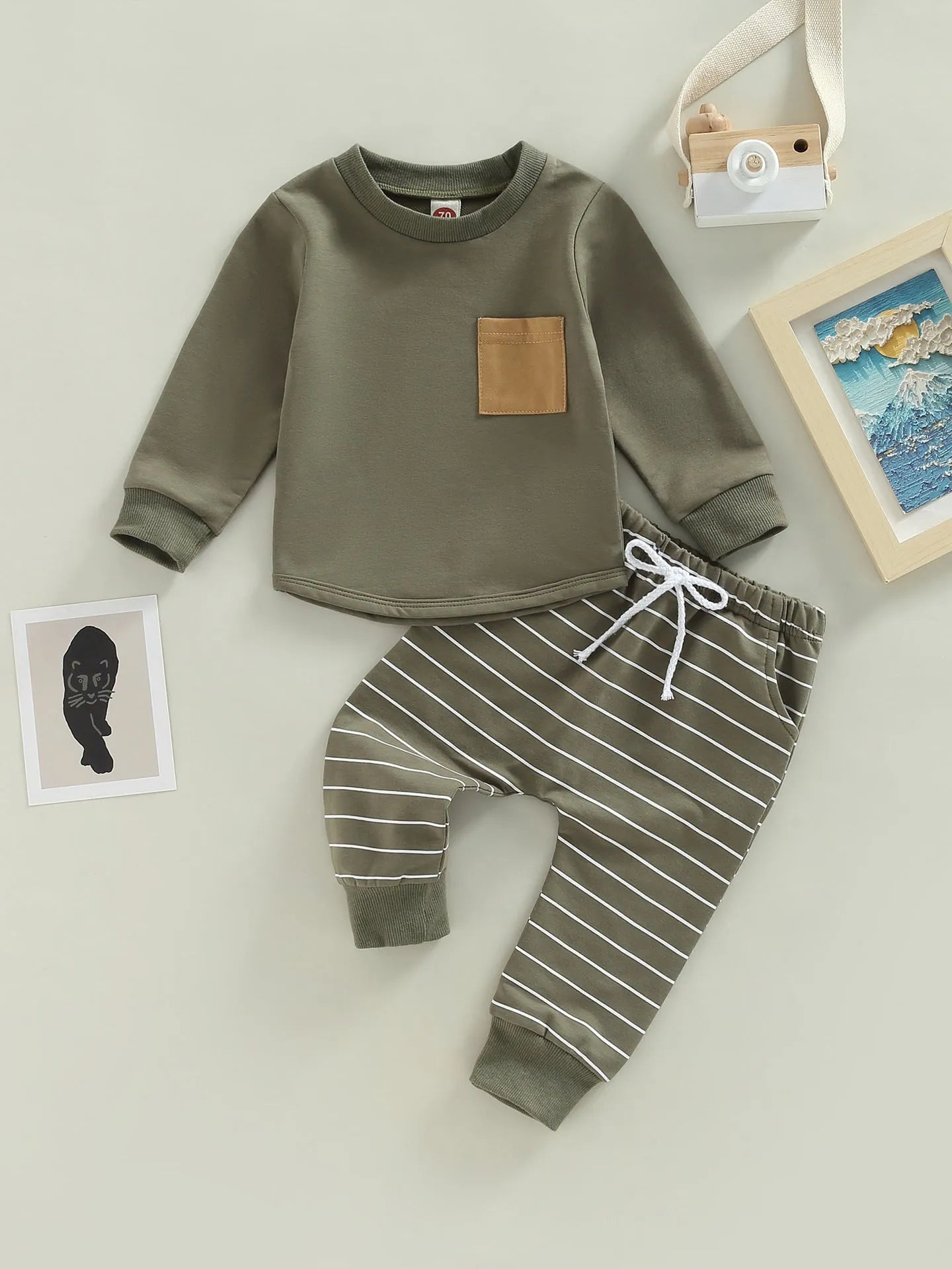 Long sleeve hooded baby striped cotton suit in army green with matching pants