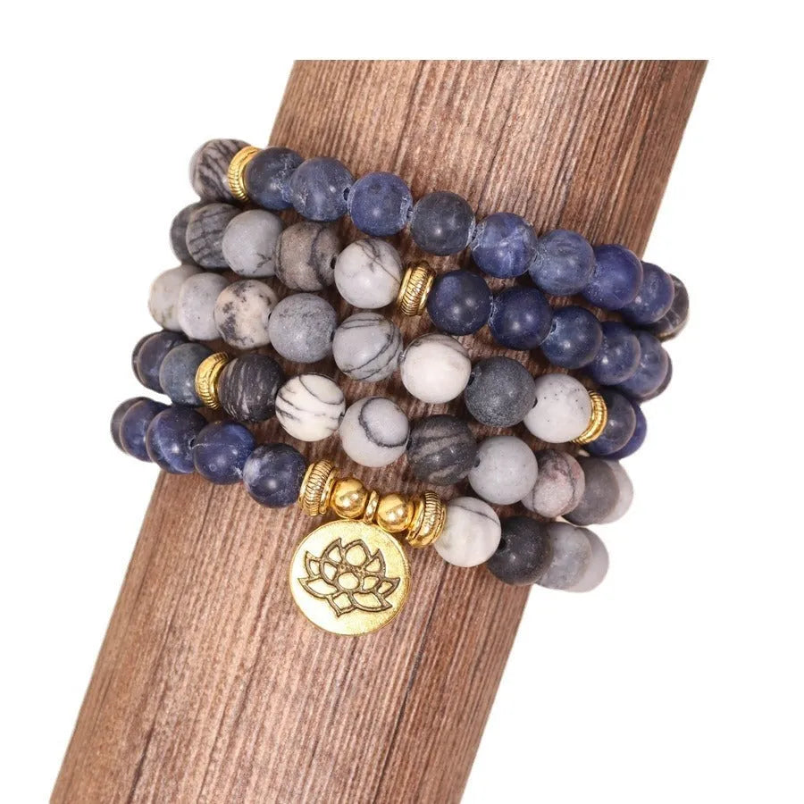 Blue multi layer alloy bracelet with patterned network stone beads
