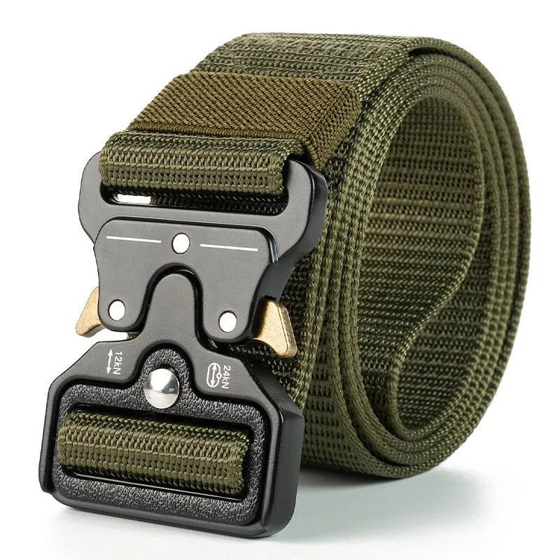 Men's thick canvas tactical belt with alloy release buckle in black colour, showing weaving flowers texture
