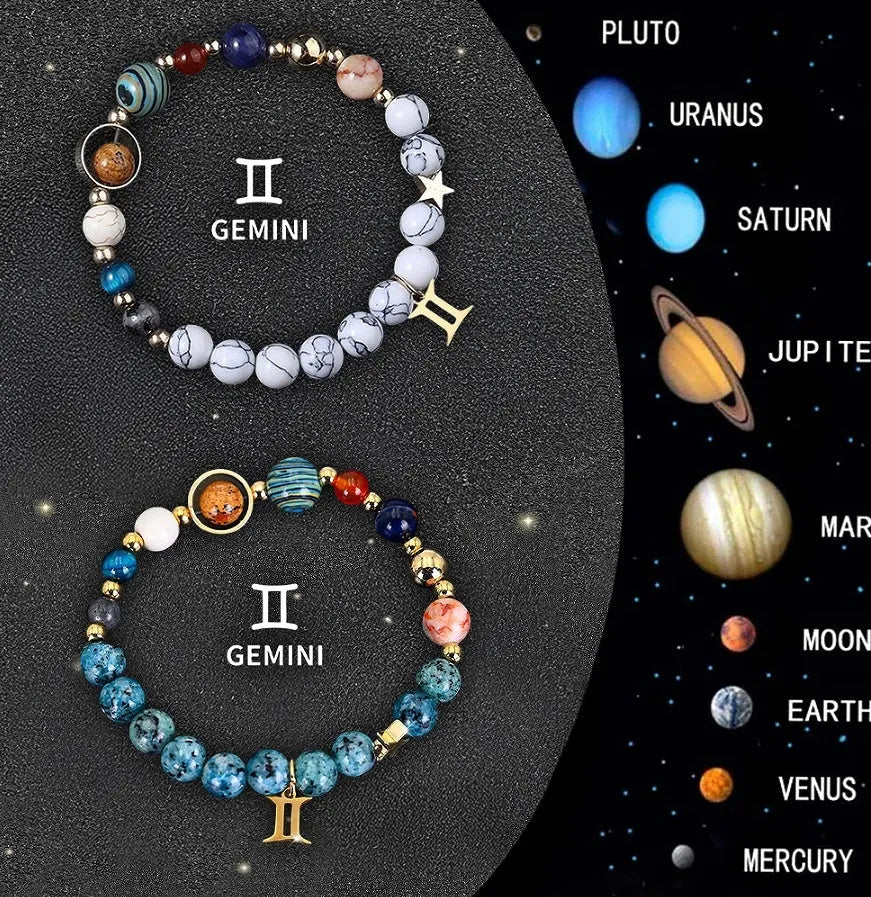 Set of two natural stone beaded bracelets with zodiac sign designs and a stainless steel clasp.
