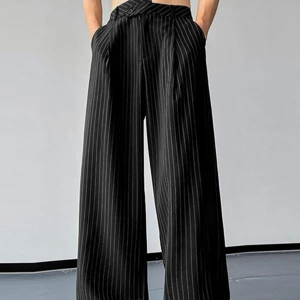 Black men's trousers with vertical stripes, front pleats, and a soft rabbit hair bamboo fibre fabric blend.