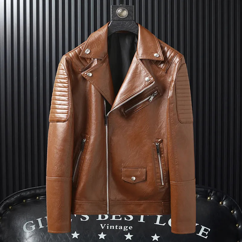 Men's slim-fitting PU biker leather jacket in black, zipper pockets, 50cm length