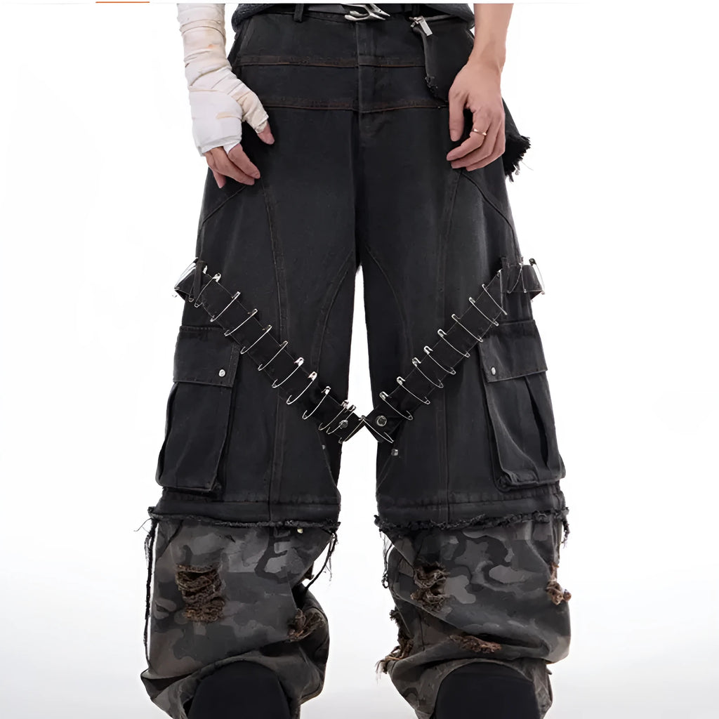 Men's grey jeans with camouflage pattern splicing and decorative pin and ribbon details on cotton denim
