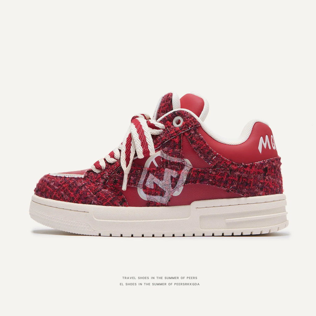 Women's creative all-match printed flat sneakers in M018 classic red with two-layer cowhide upper and platform heel