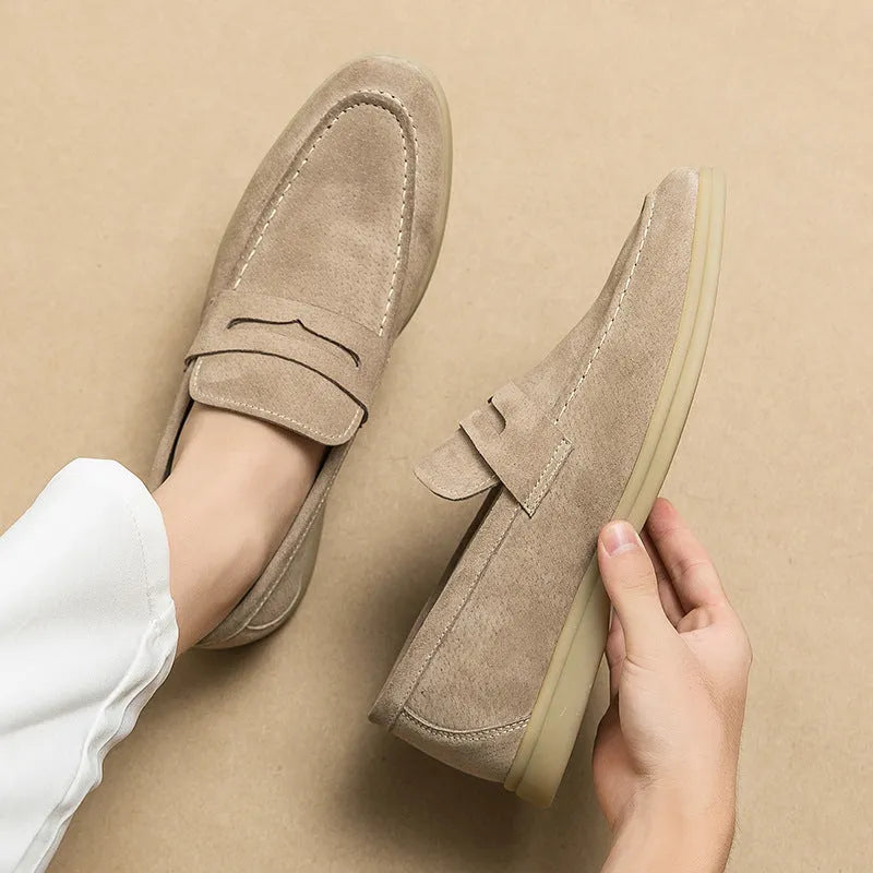 Men's leather slip-on casual shoes in black, beige or khaki with round toe and oversleeve design