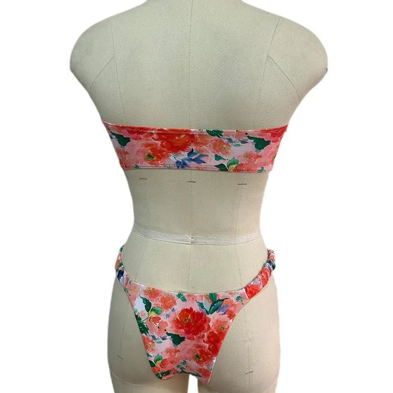 Women's tube top bikini swimsuit with lace detailing in floral print