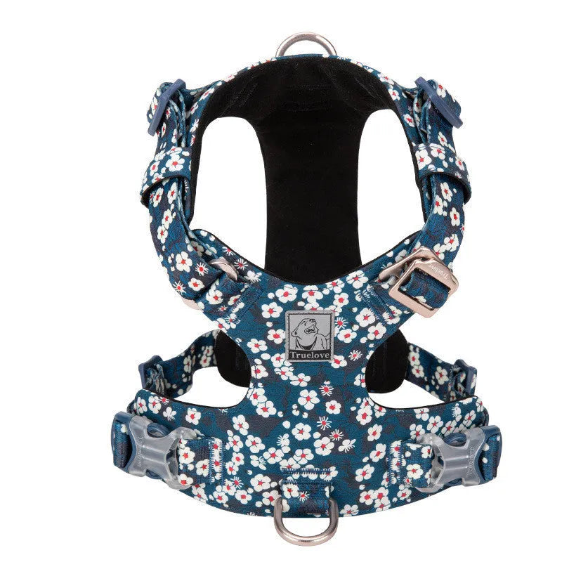 Pure cotton dog harness chest strap with floral pattern in red, blue or green colour options