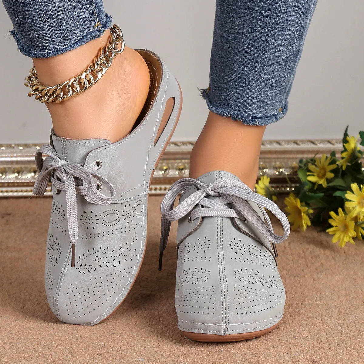 Women's baotou design lace-up wedge slippers with hollow out construction in suede upper