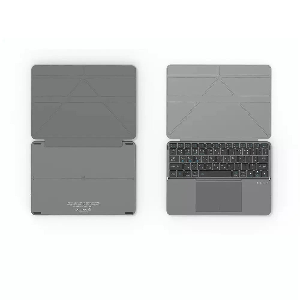 Grey aluminium Bluetooth folding keyboard for mobile phones and tablets, shown in open and closed positions.