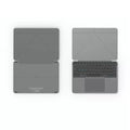 Grey aluminium Bluetooth folding keyboard for mobile phones and tablets, shown in open and closed positions.