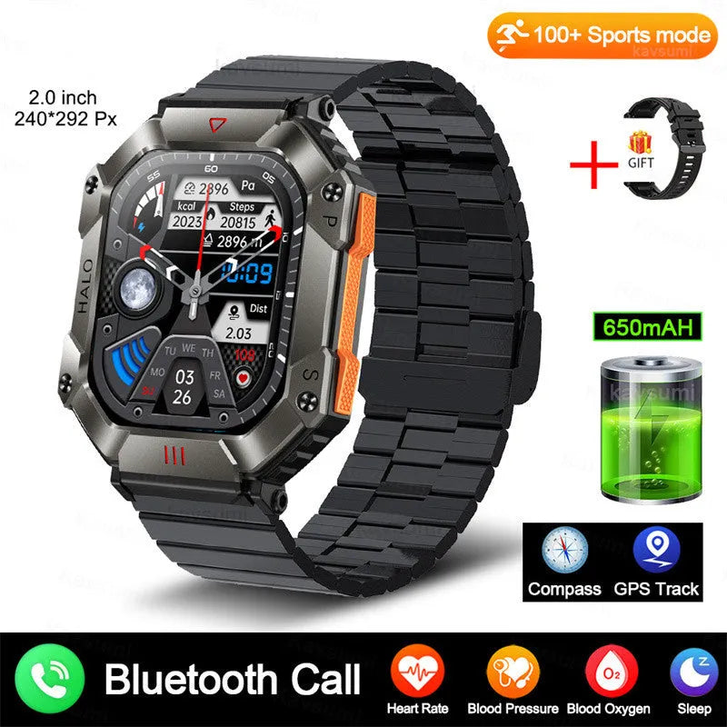 Android smart watch with GPS on wrist, showing titanium alloy case and black camouflage strap.