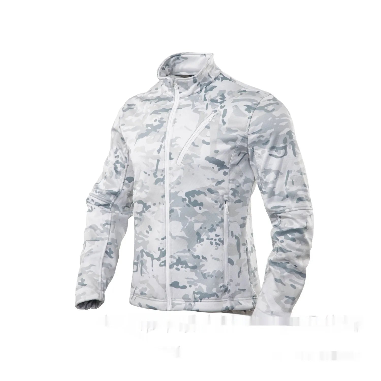 Men's camouflage pattern fleece coat for outdoor activities.