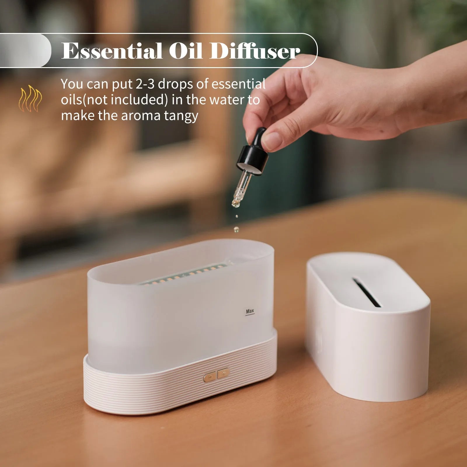 Ultrasonic aroma diffuser with flame light effect, 180ml capacity, USB powered, black color, on a desk
