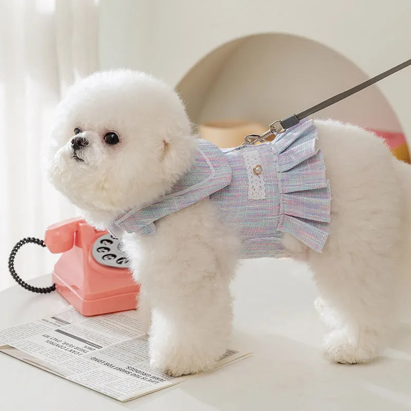 Purple and pink polyester jumper pet clothing for small dogs and cats, shown in sizes S, M, L, XL.