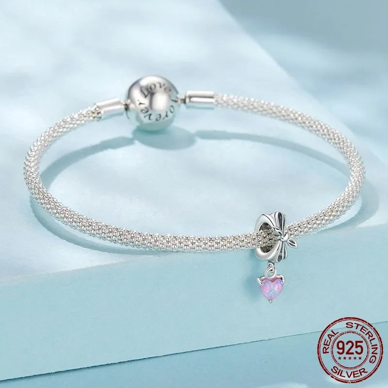 S925 sterling silver loving heart bead with opal bow inlay, 1.6x0.6cm, 0.45cm aperture