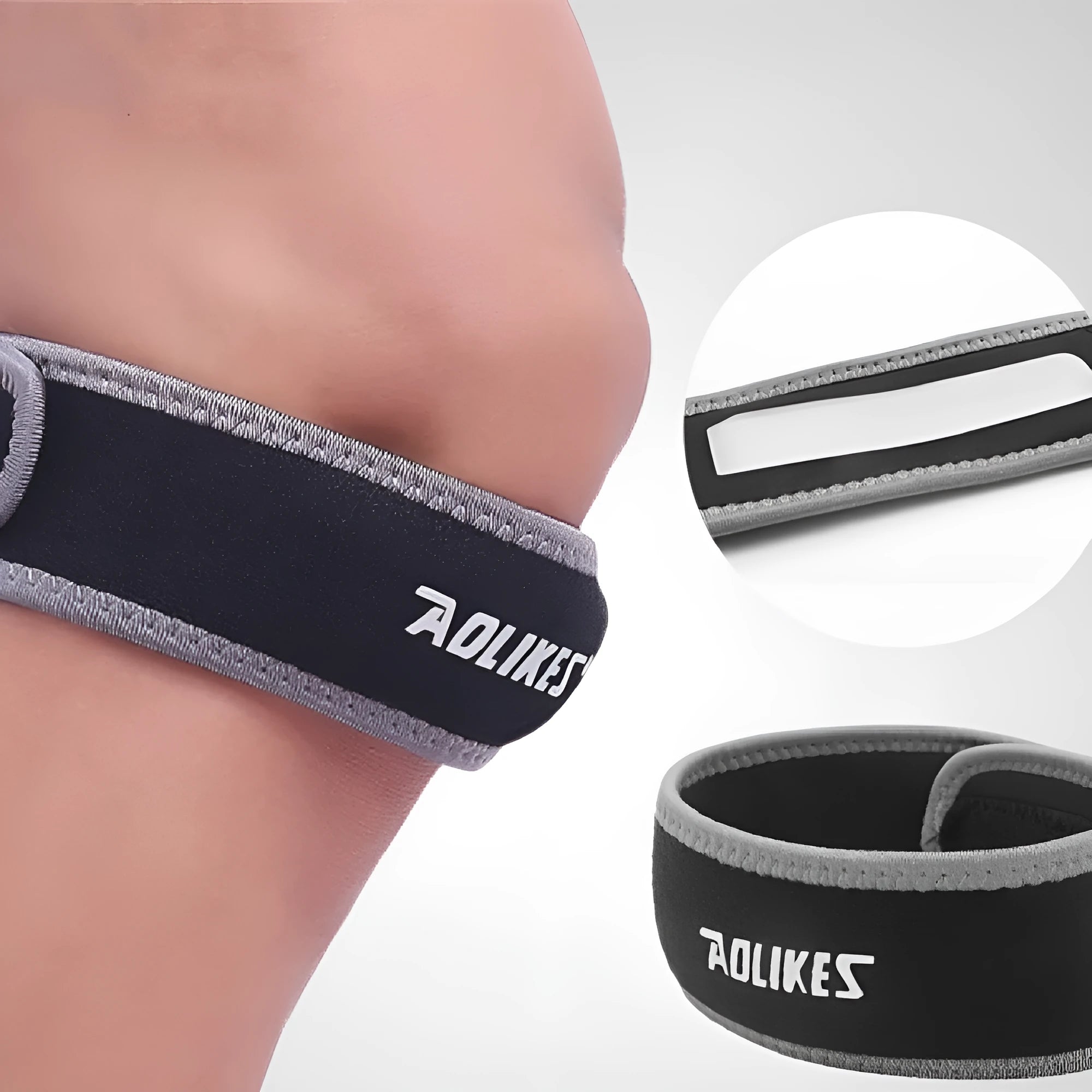 Black and grey patella retinaculum knee support strap for running, cycling and sports