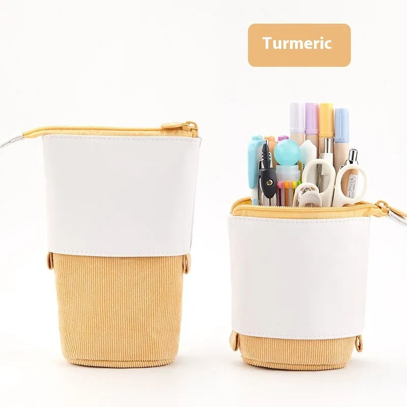 Corduroy stationery case with telescopic drop-down design in six colour options