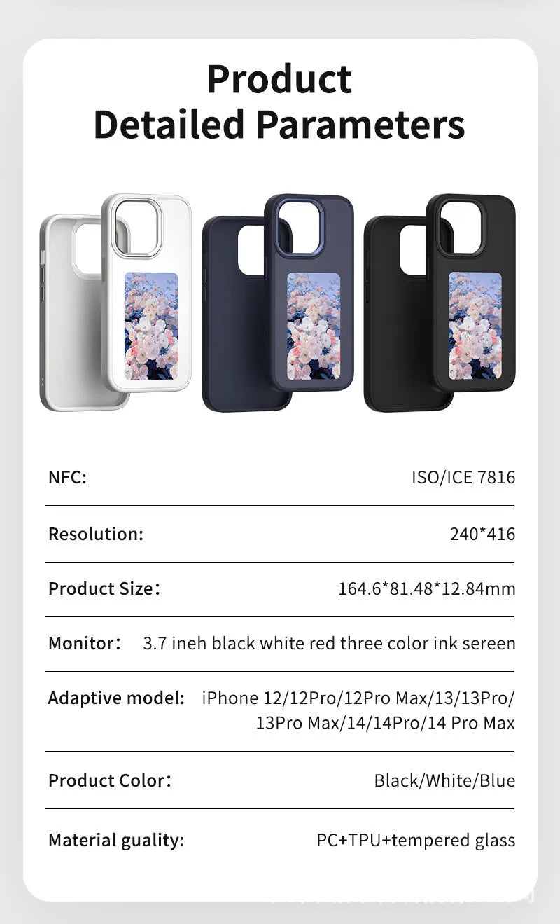 Four-colour E-ink screen smart phone case for iPhone, shockproof TPU, black colour, with magnetic feature