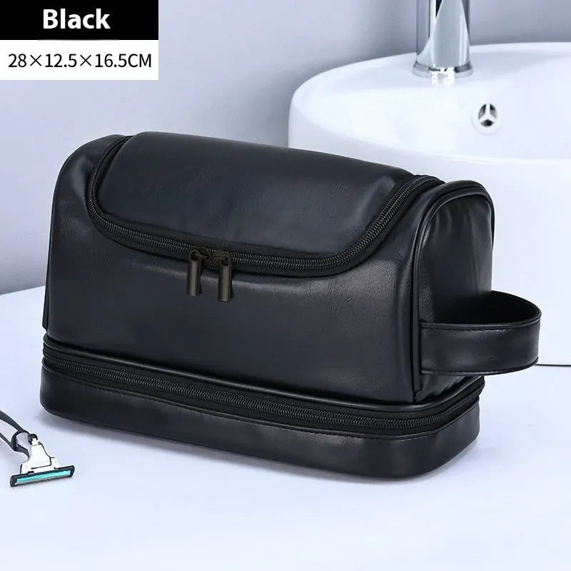 Leather travel toiletry bag in brown with hook, showing main compartment and portable design