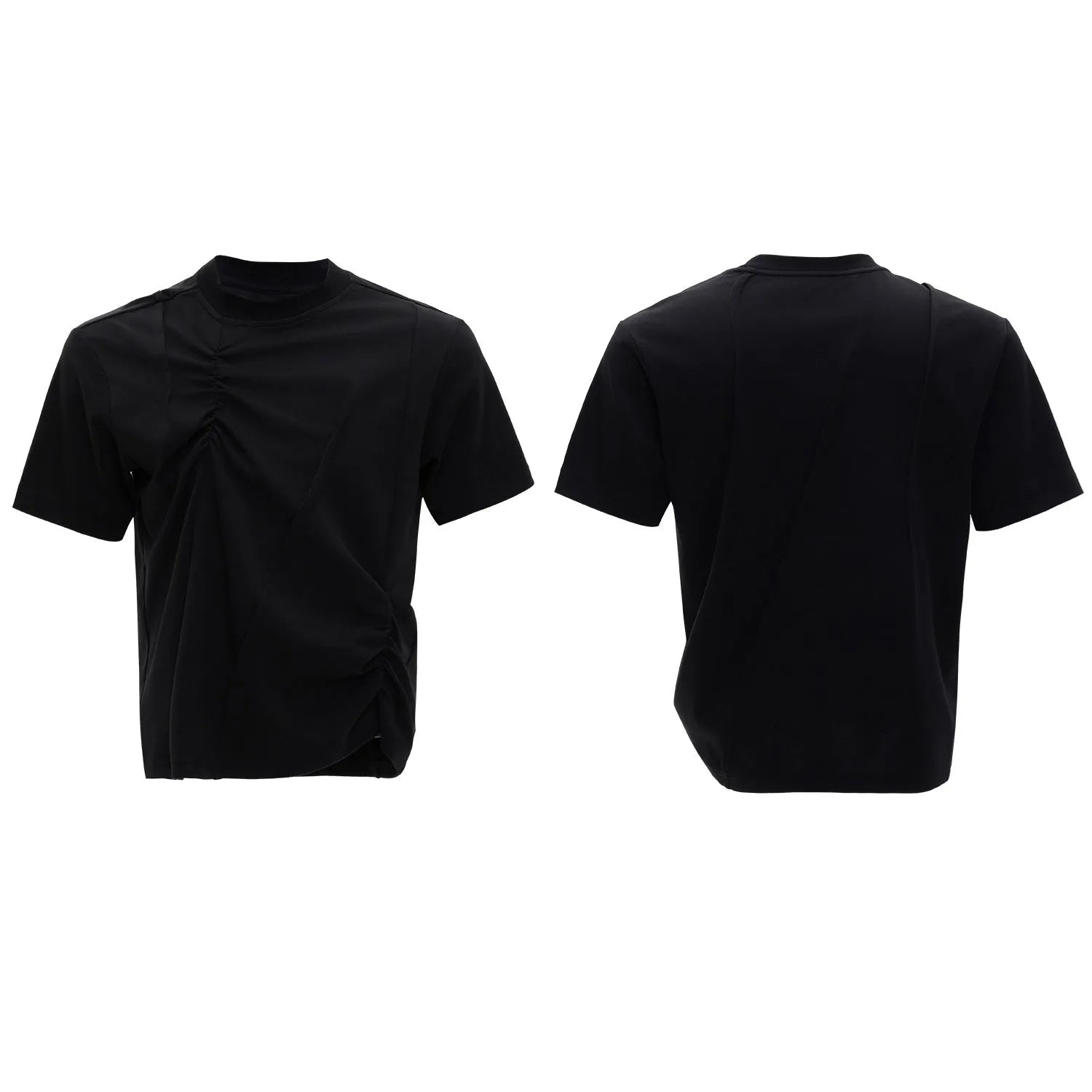 Men's grey pleated cotton T-shirt with round neck and asymmetric stitching