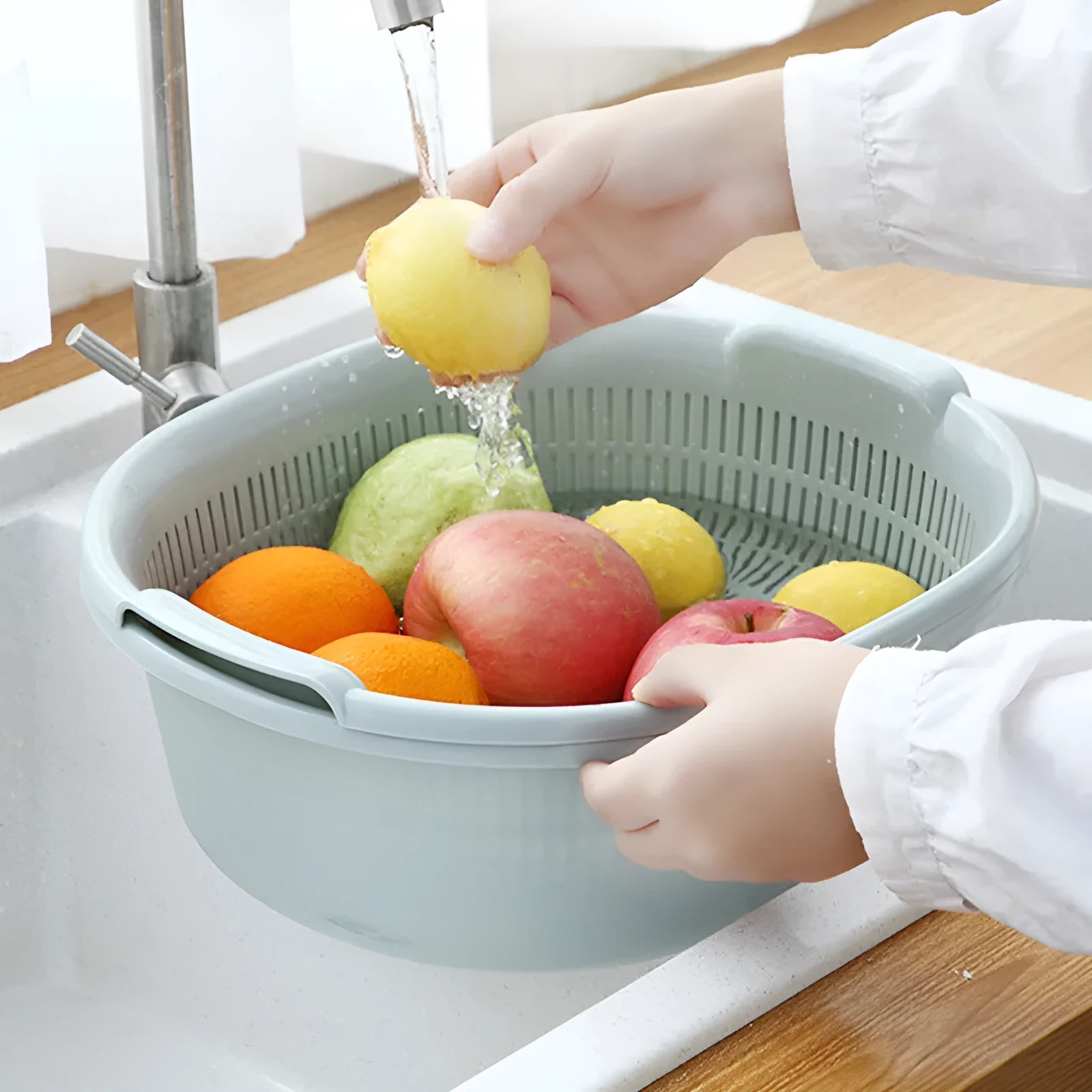 Two plastic washing basins in modern simple design, available in Army Green, Gray Blue, Wine Red, and Yellow colours with M and S sizes