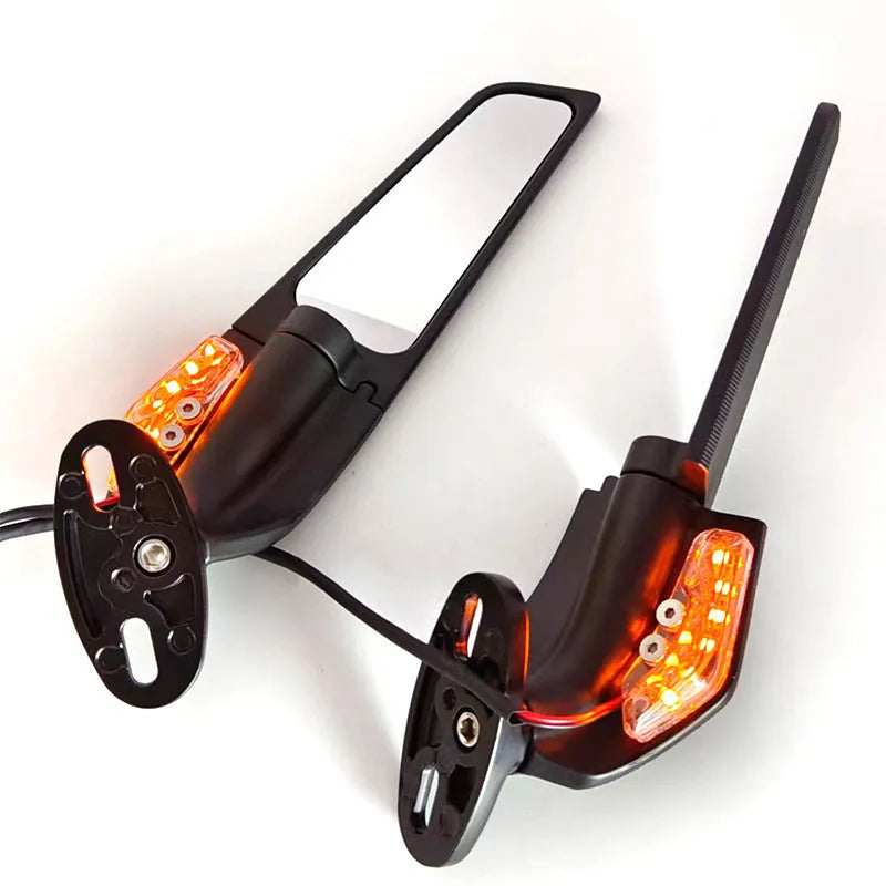 Motorcycle spoiler-style rearview mirror with integrated yellow LED light and convex lens
