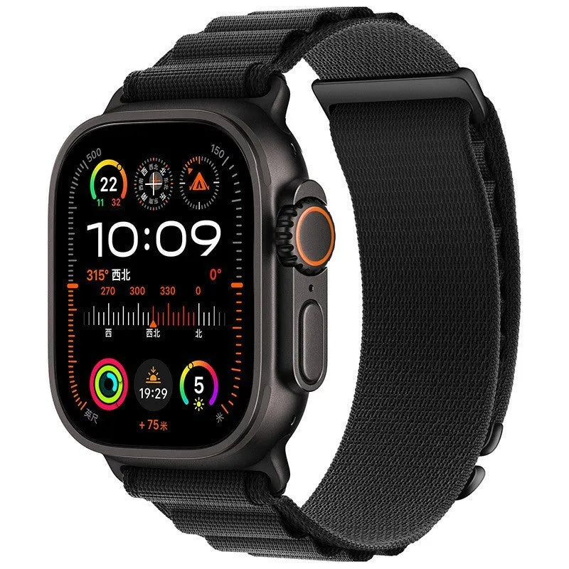 Nylon loop watch strap for Apple Watch with two-section high mountain weave in black colour, fits 38mm to 49mm sizes