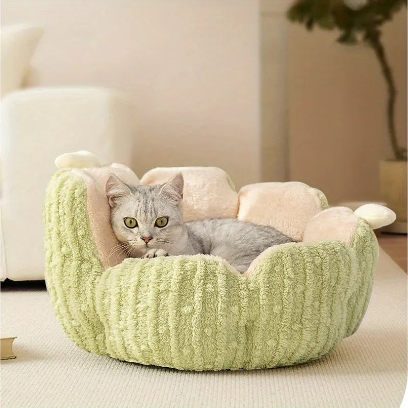 Green soft-lined cat litter kennel with four openings, shown next to a smaller purple version.