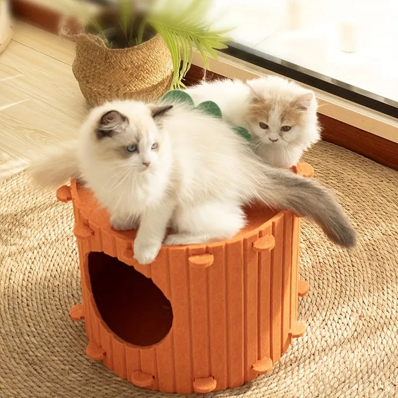 Orange carrot-shaped felt cat nest tunnel with a semi-enclosed design and drilled openings.