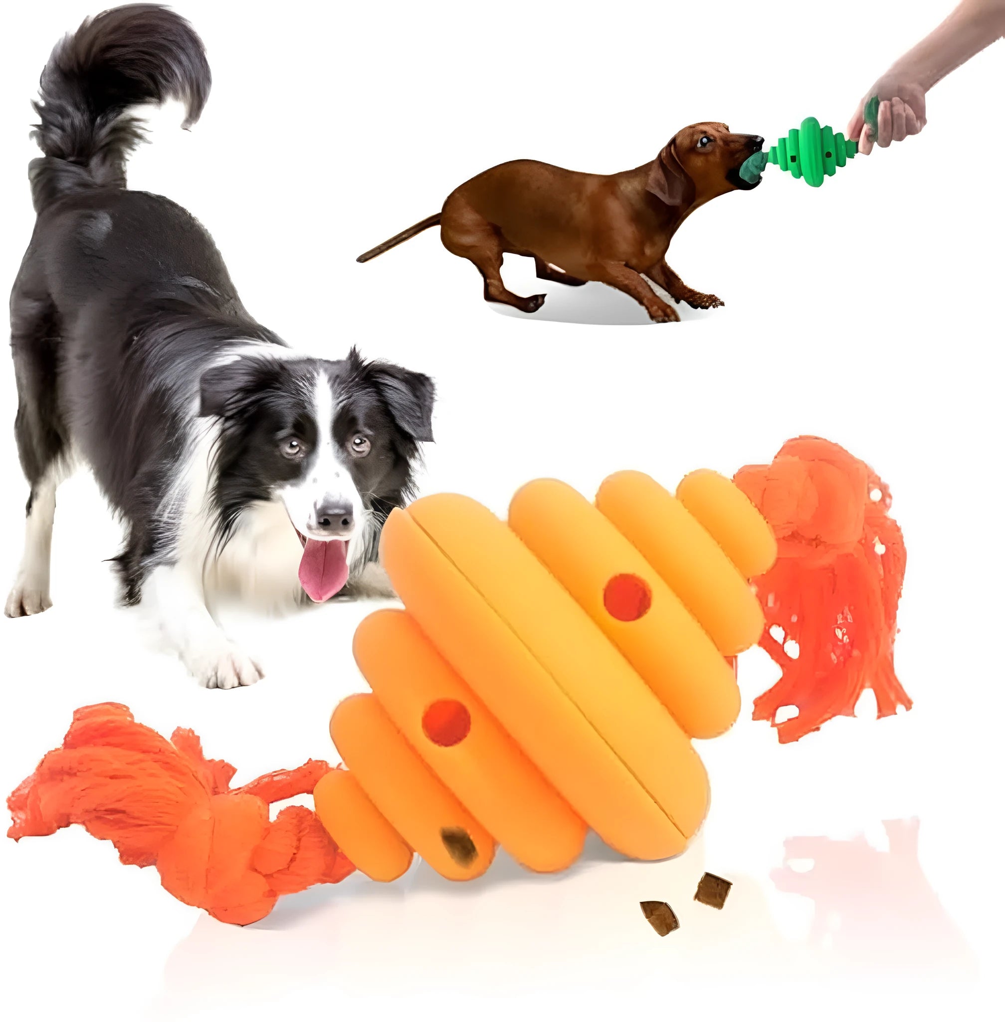 Green and yellow silicone dog ball with rope, showing split spiral design for treat dispensing