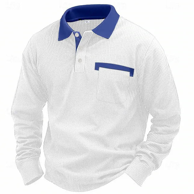Man wearing a long-sleeved waffle-texture polo shirt in a solid colour with a loose, retro fit.